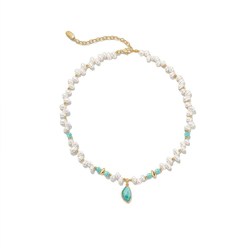 Vintage Amazonite Stone Pearl Beaded Necklace