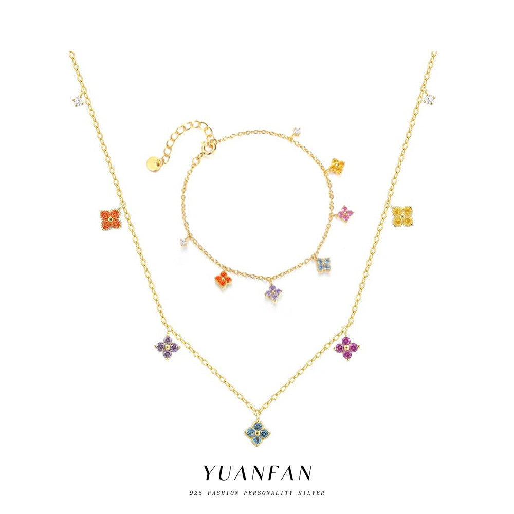Four-Leaf Clover ZC Gold Vermeil Necklace/Bracelet Set