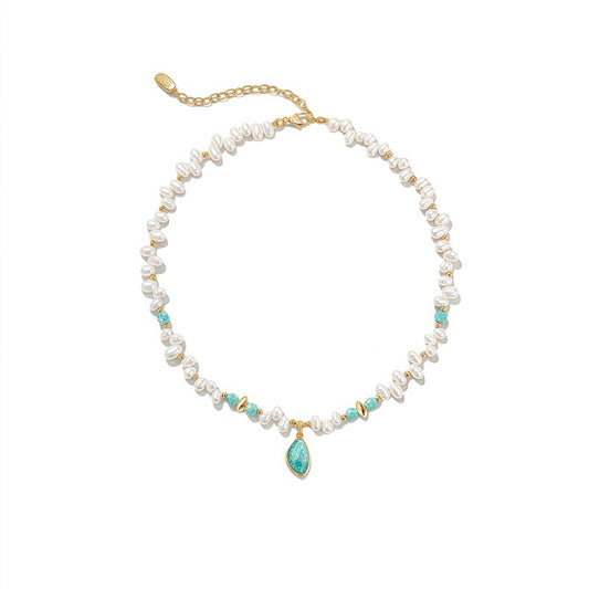 Vintage Amazonite Stone Pearl  Beaded Necklace