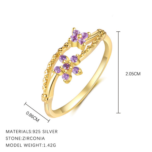 Purple Flowers Gold Vermeil Ring